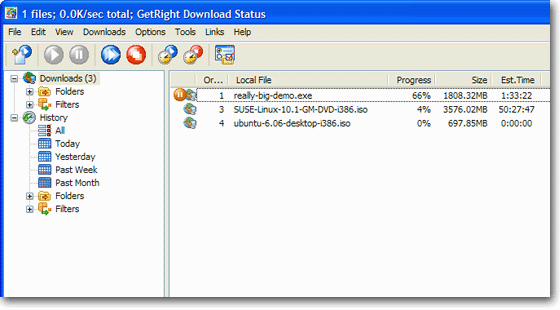 The original GetRight Download Status window on Windows, with its classic toolbar and download queue