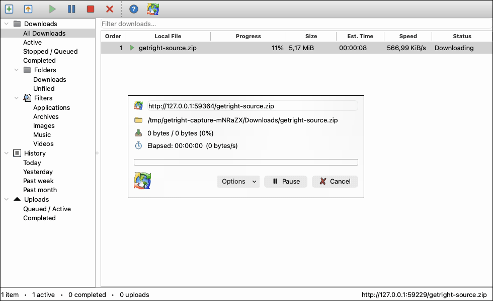 GetRight Port on macOS with a real download advancing in its progress window over the main window